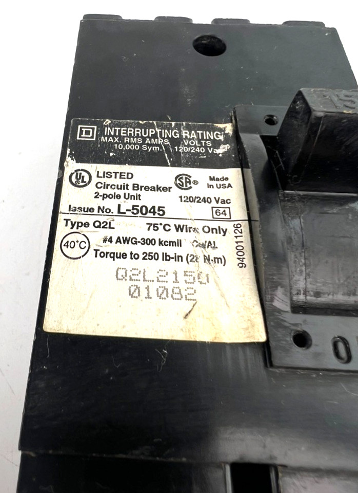 Square D Q2L2150 150 Amp 2 Pole Circuit Breaker Q2L 2P 150A 240V — Grease on Lug