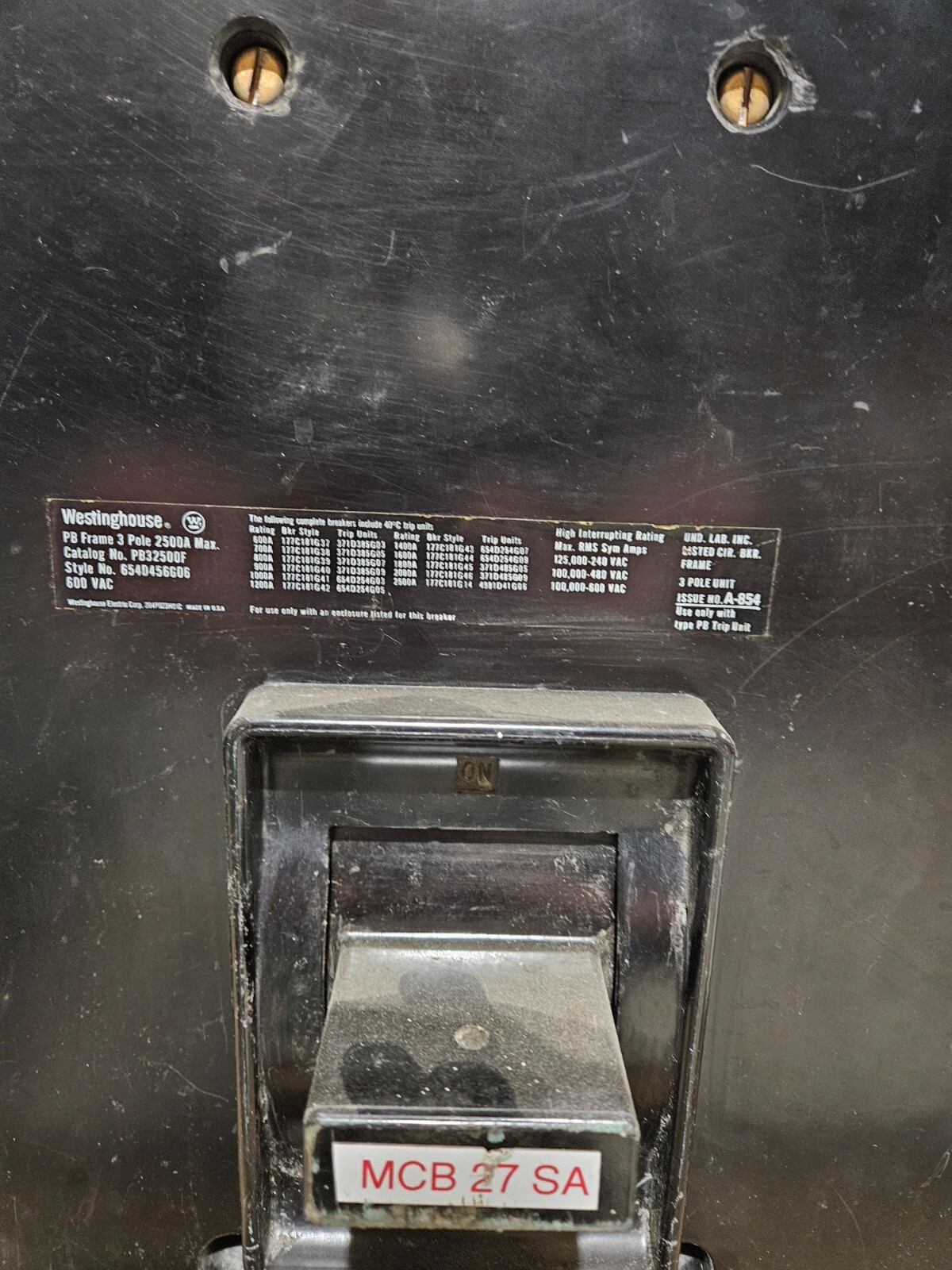 Westinghouse Circuit Breaker 3 Pole 600Vac Only Model PB32500F