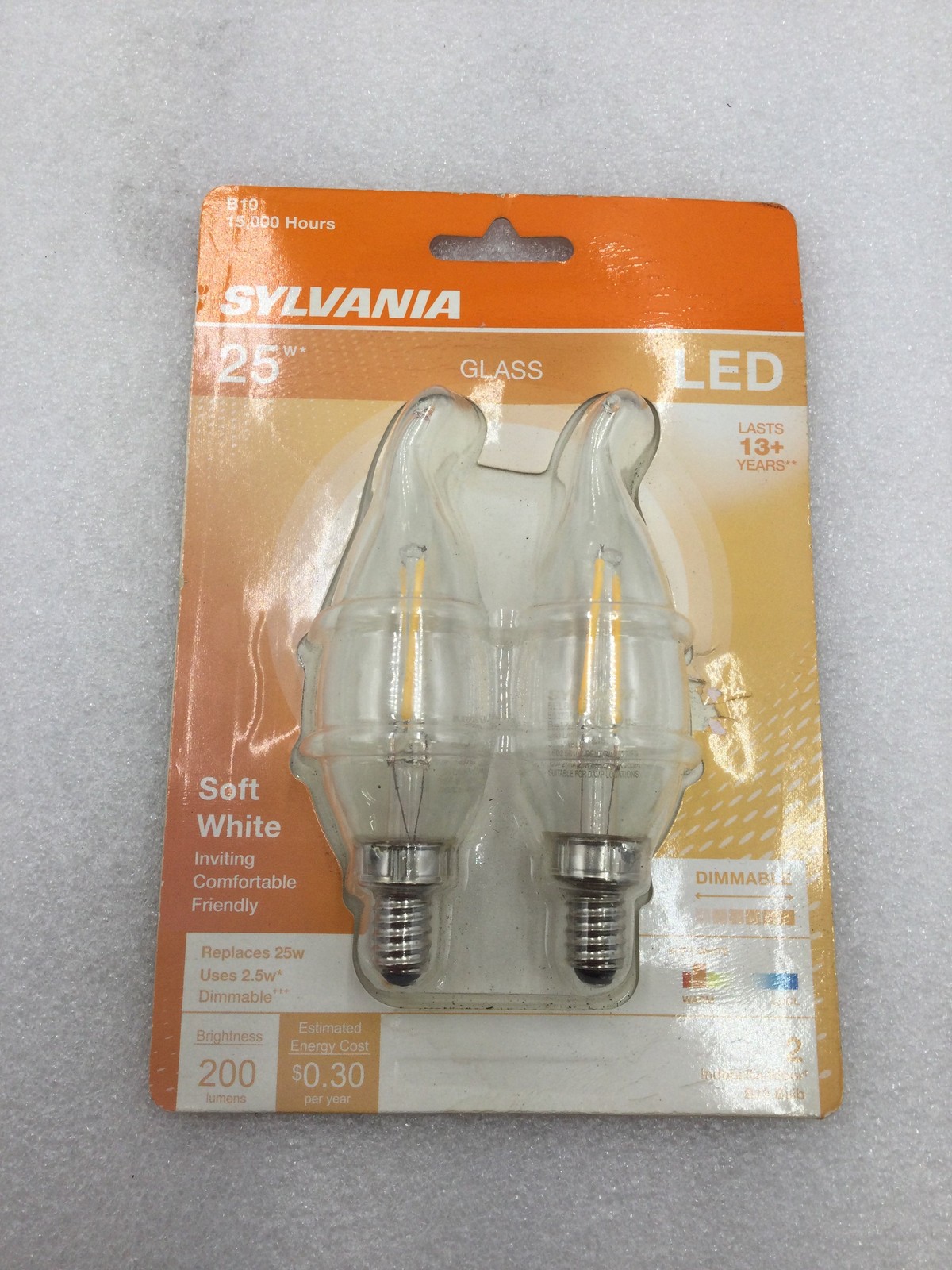 Sylvania X30443 LED2.5B10C/BENT/DIM/827/FIL/RP2 Dimmable LED Flame Tip