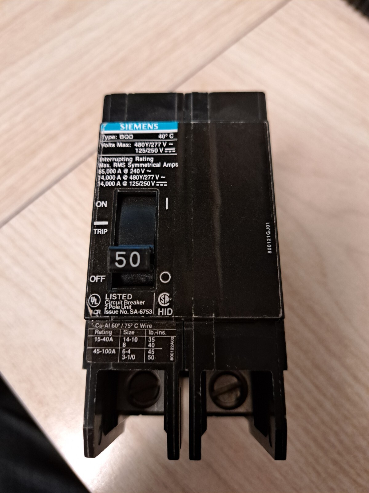 SIEMENS BQD250 50A 480Y/277 VAC 2 Pole Bolt-on BQD Circuit Breaker