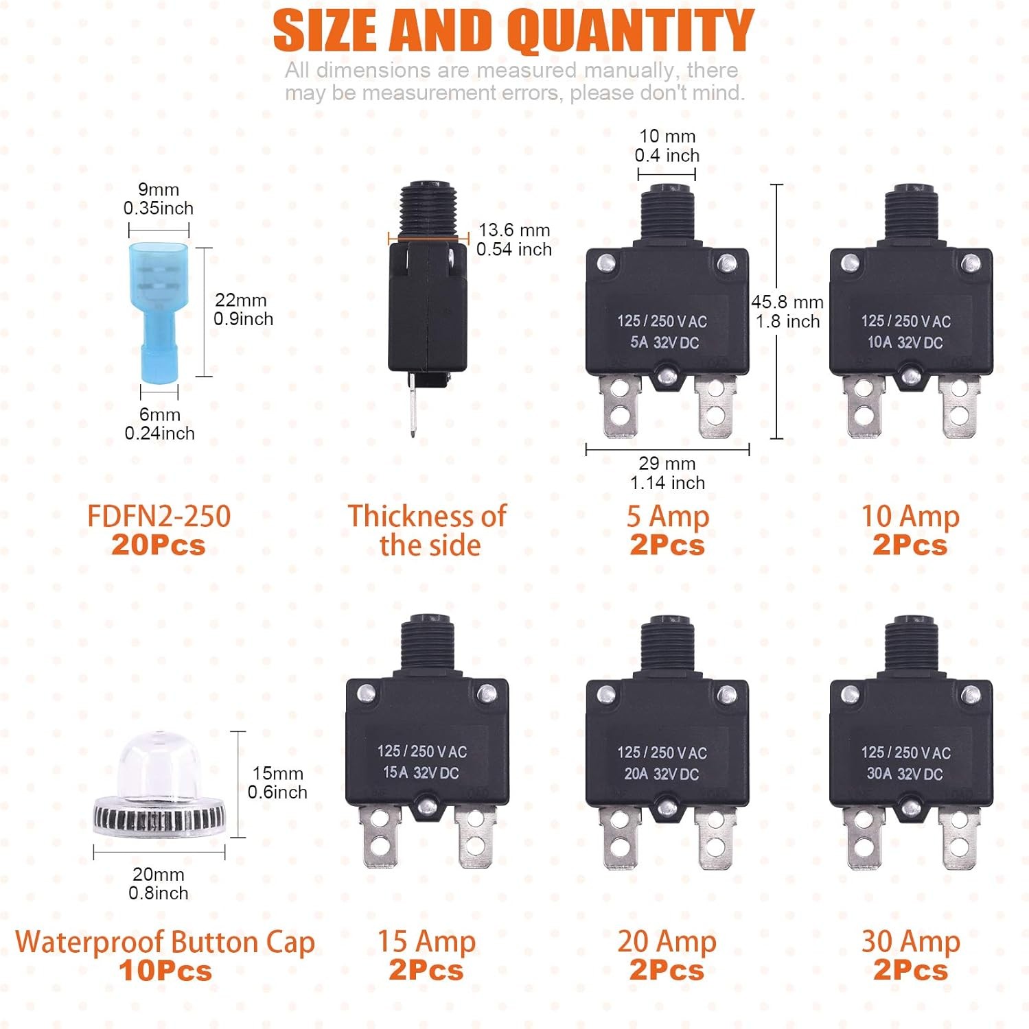 30 Pcs Push Button Reset Circuit Breaker Assorted Set with Quick Size: 5A-30A
