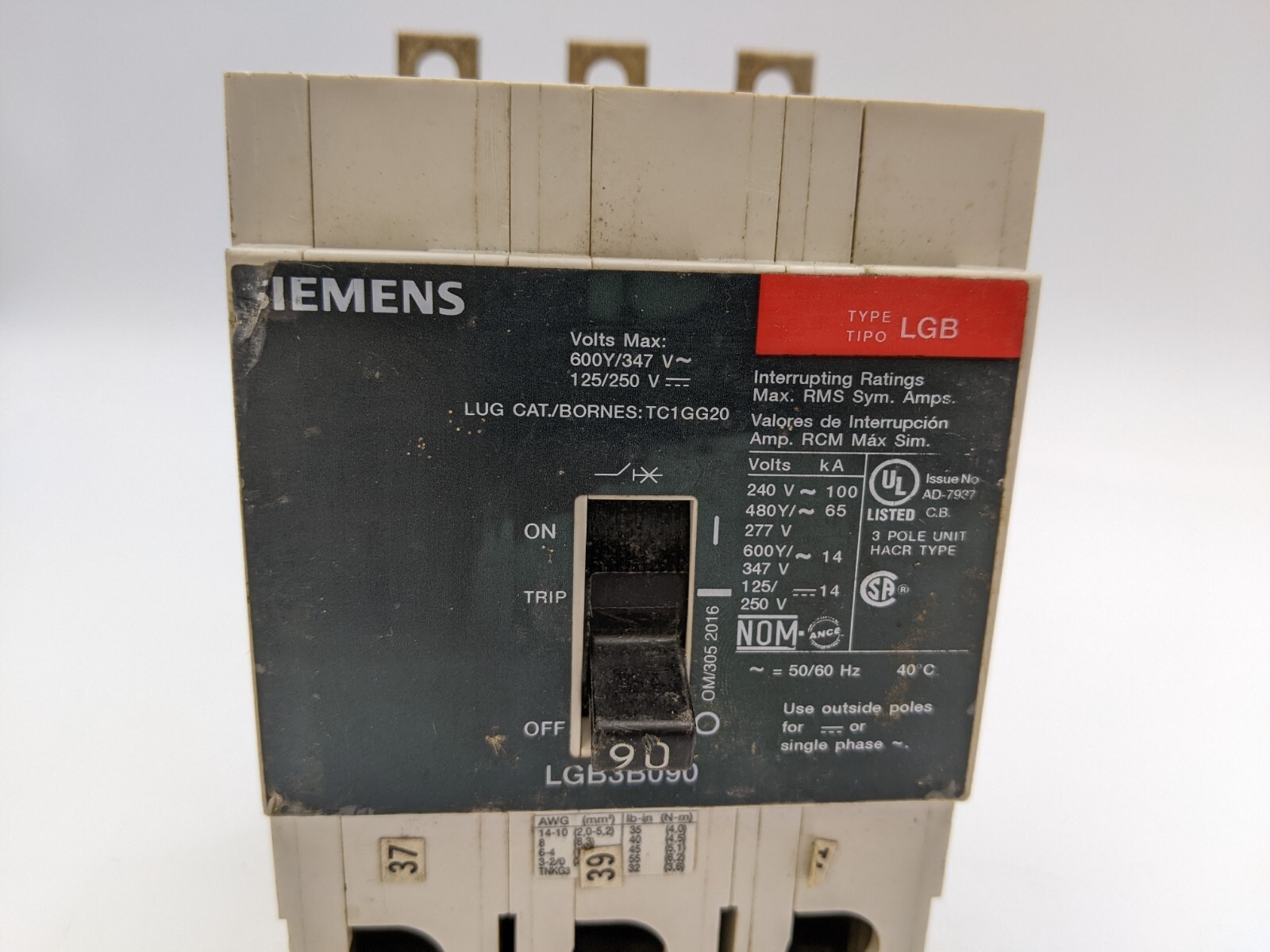 Siemens LGB3B090 Bolt On Circuit Breaker 90A 3P 600Y/347V 3PH LGB 90 Amp 3 Pole