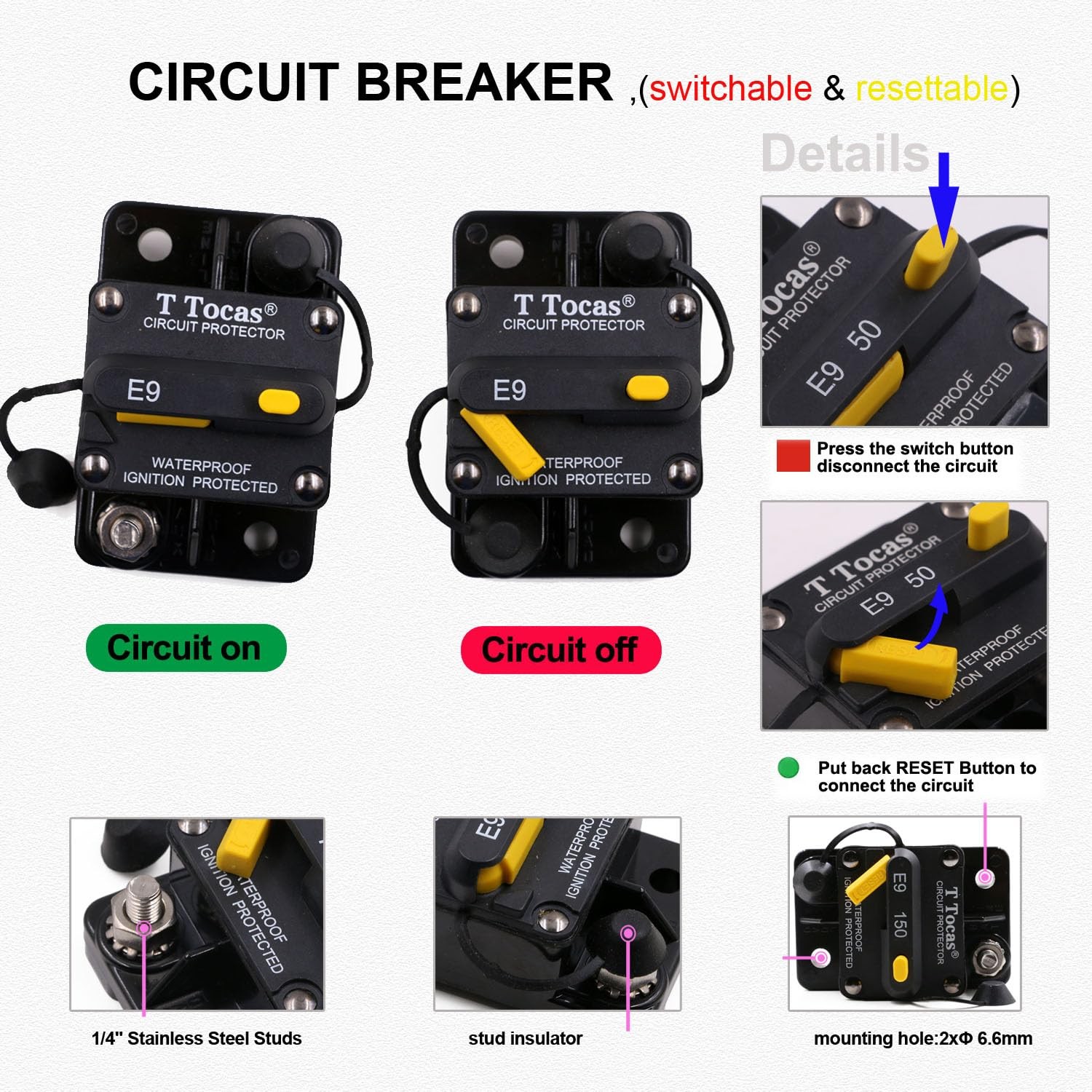 150A Circuit Breaker, E9 T3, Manual Reset, UL Certified, 12V-48V DC, Waterproof