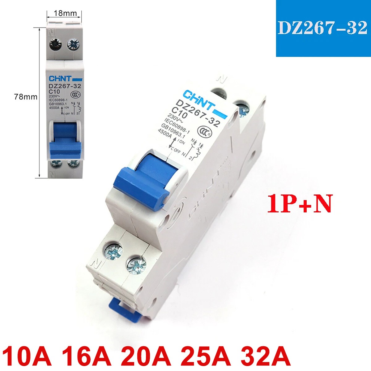 MCB Circuit Breaker Air Switch 10A 16A 20A 25A 32Amp 1Pole+N Fuse Trip Switch