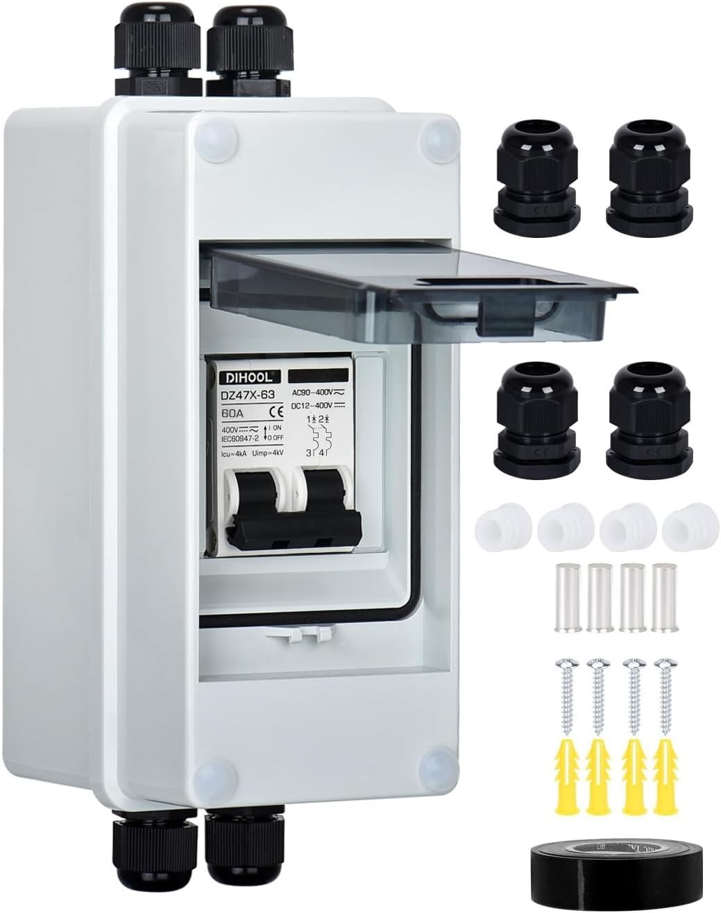 AC DC Circuit Breaker with IP65 Din Box for Solar Systems, 60 Amp 2 Pole 12V-400