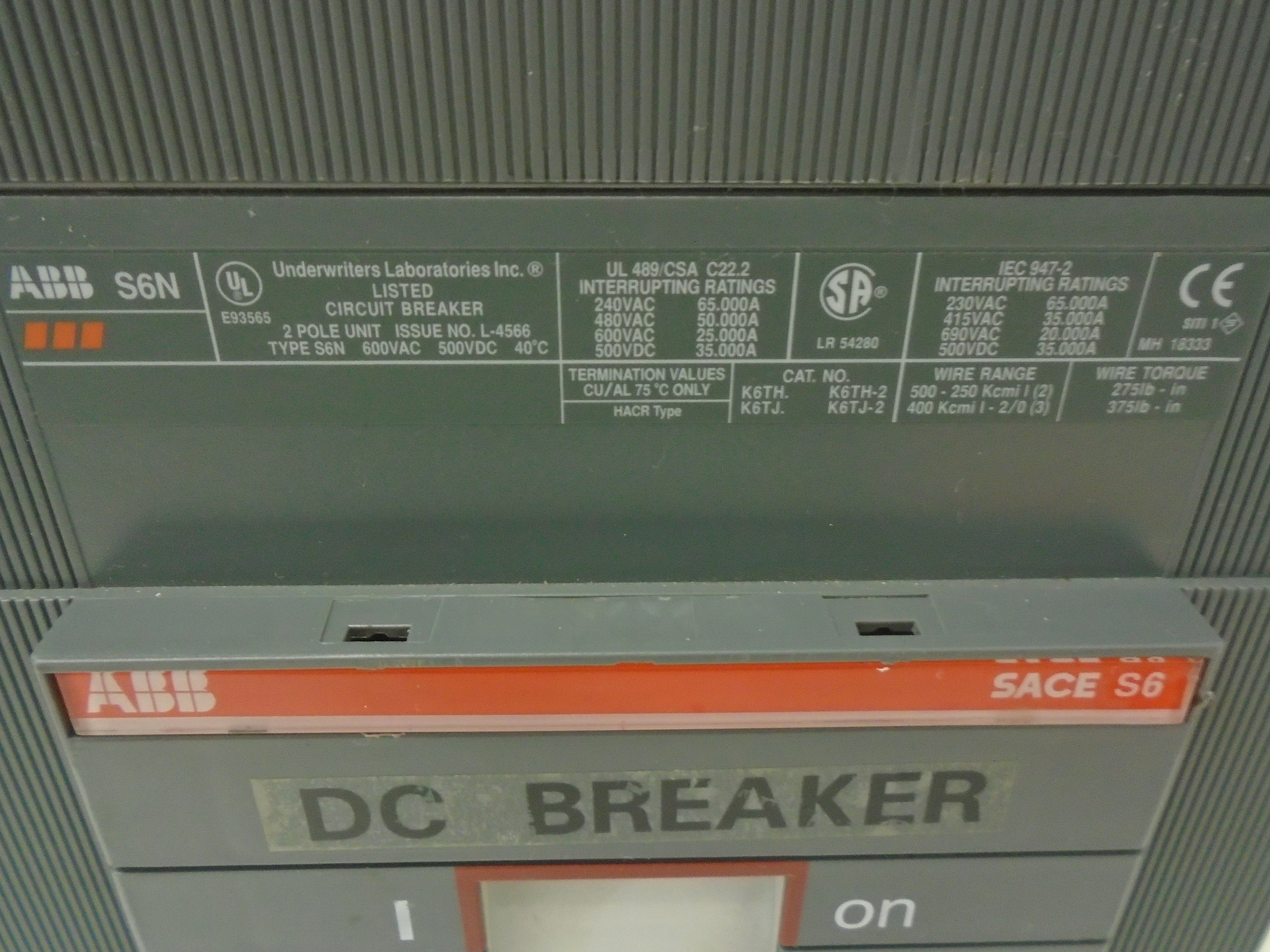 ABB K6TH / K6TJ TYPE SACE S6N DC BREAKER 600A 500V 2-POLE