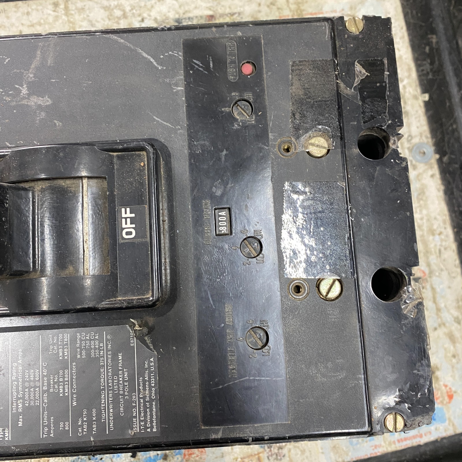 ITE KMB3F800 Circuit Breaker Frame 3 Pole 800 Amp Type KMB 600VAC Siemens ✅