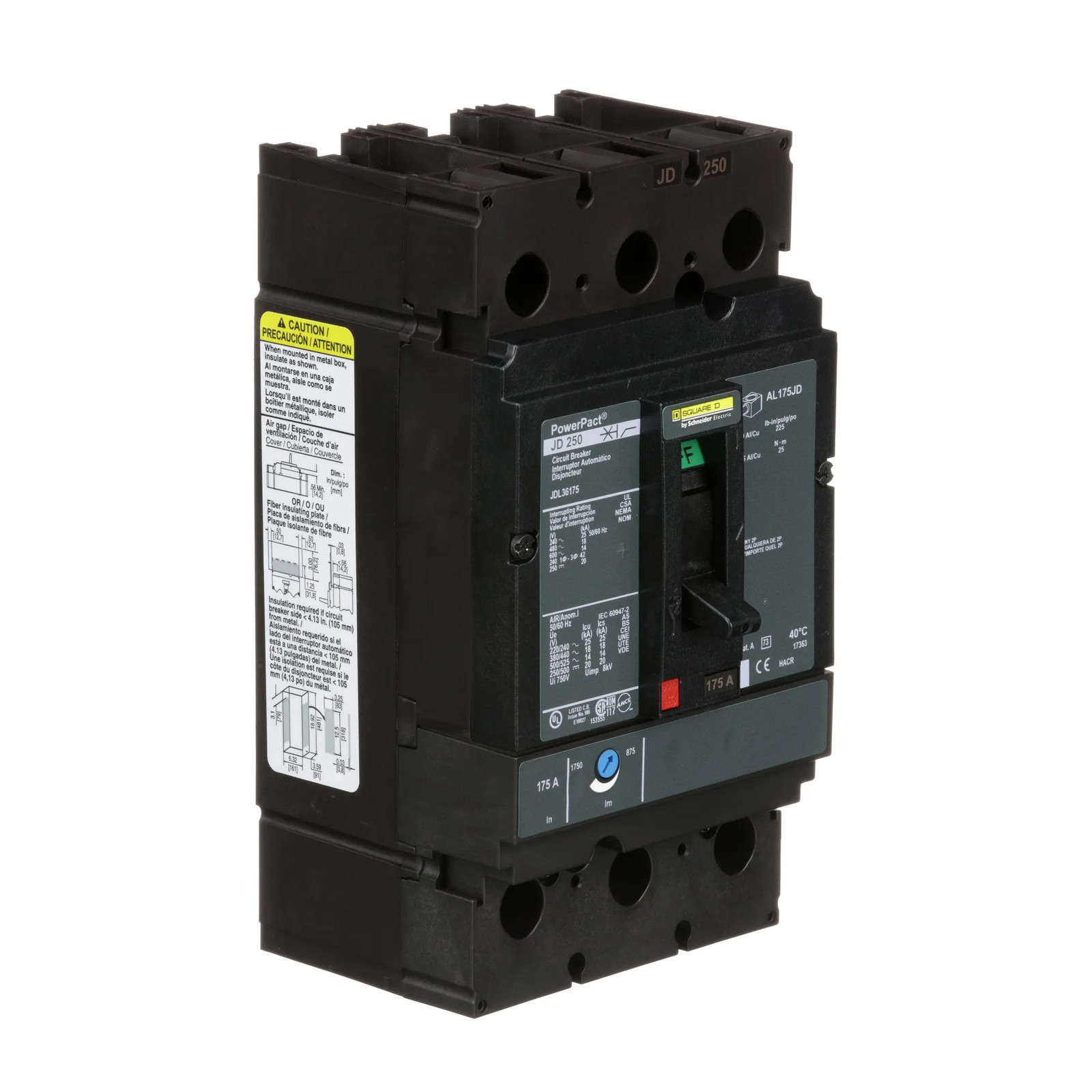 JDL36175 – Square D Bolt-On 600V 175A 3 pole circuit breaker 18kA@480V