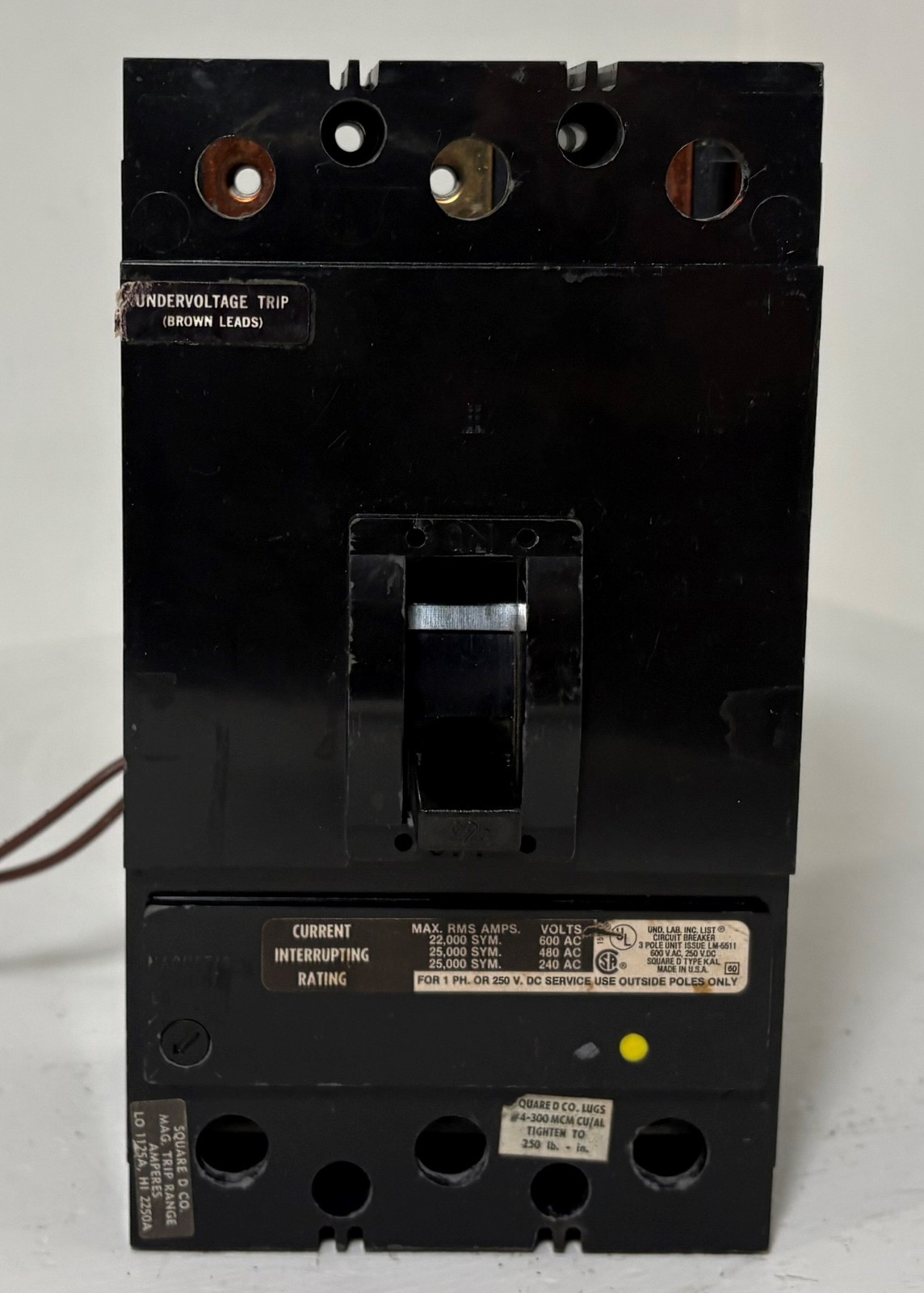 Square D KAP362251121 225A Circuit Breaker Black w/ UVR KAL 3P KAP36225 225 Amp