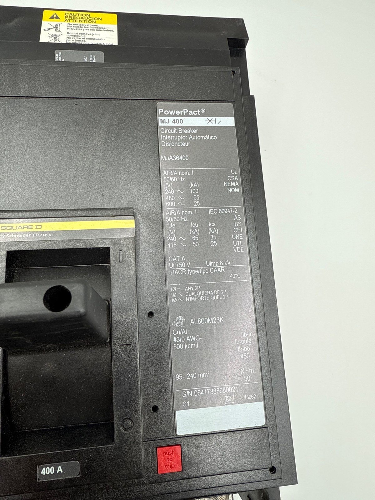 Square D MJA36400 I-Line Circuit Breaker 400A 3P 600V 3PH MJA 400 Amp 3Pole CHIP