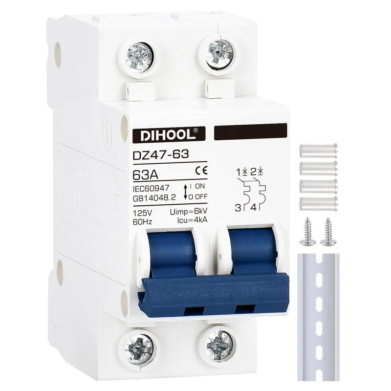 AC Miniature Circuit Breaker, 2 Pole 63 Amp 110V Disconnect Switch DZ47-63