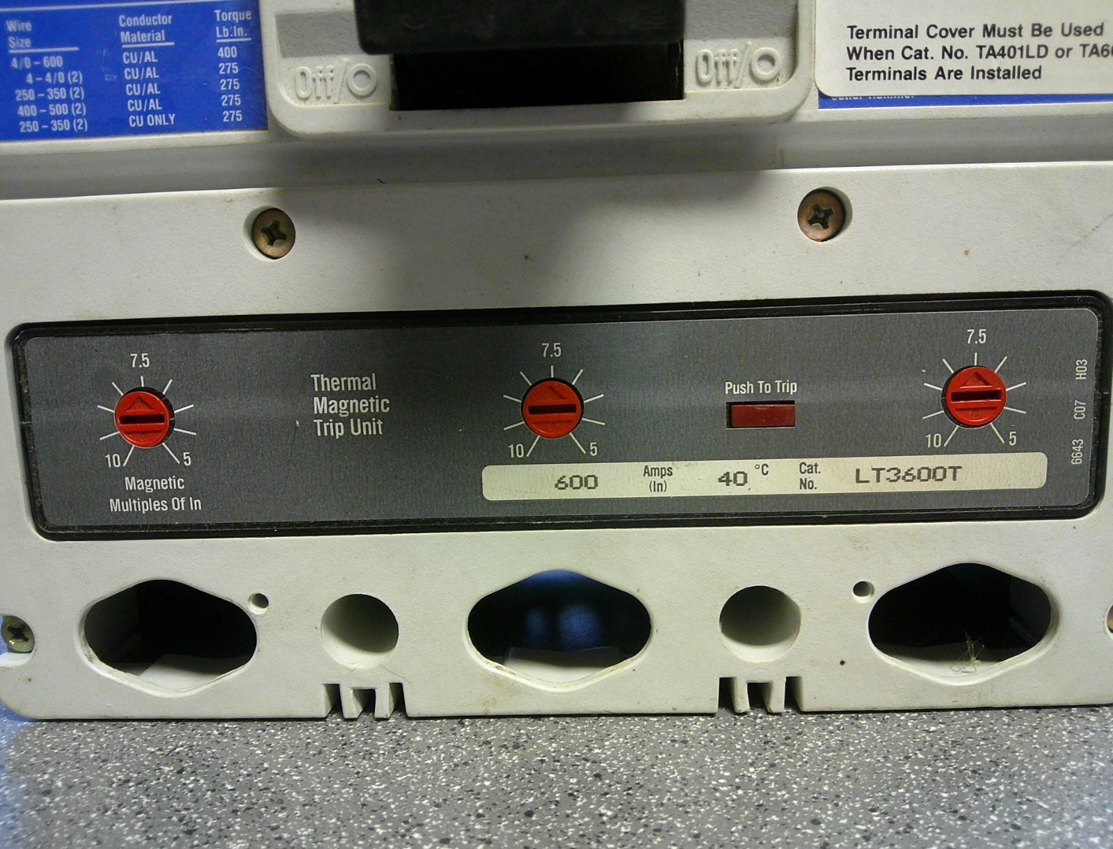 CUTLER HAMMER LD3600F 600 AMP 600 VOLT CIRCUIT BREAKER WITH MAGNETIC TRIP