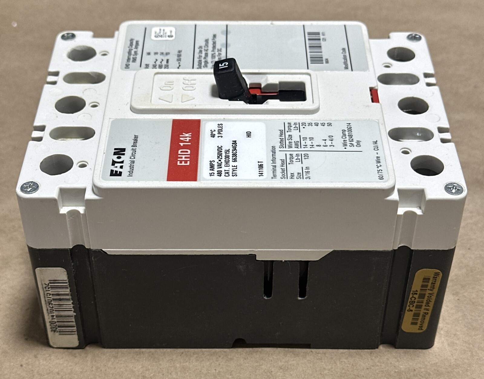 NEW IN BOX- Cutler Hammer / Eaton EHD3015L Ser C 14k Industrial Circuit Breaker