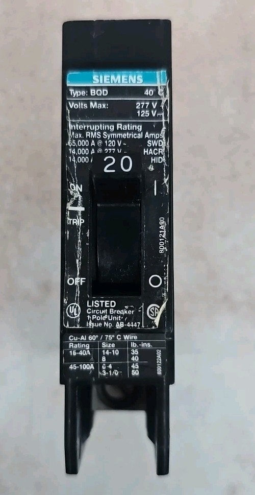 1) Siemens BQD120 20 Amp 277V 1 Pole Type BQD Bolt-On Circuit Breaker