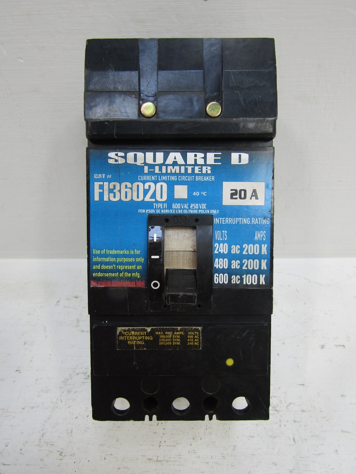 Square D FI36020 20 Amp 600V I-Limiter I-Line Circuit Breaker 20A 3-Pole 600 VAC