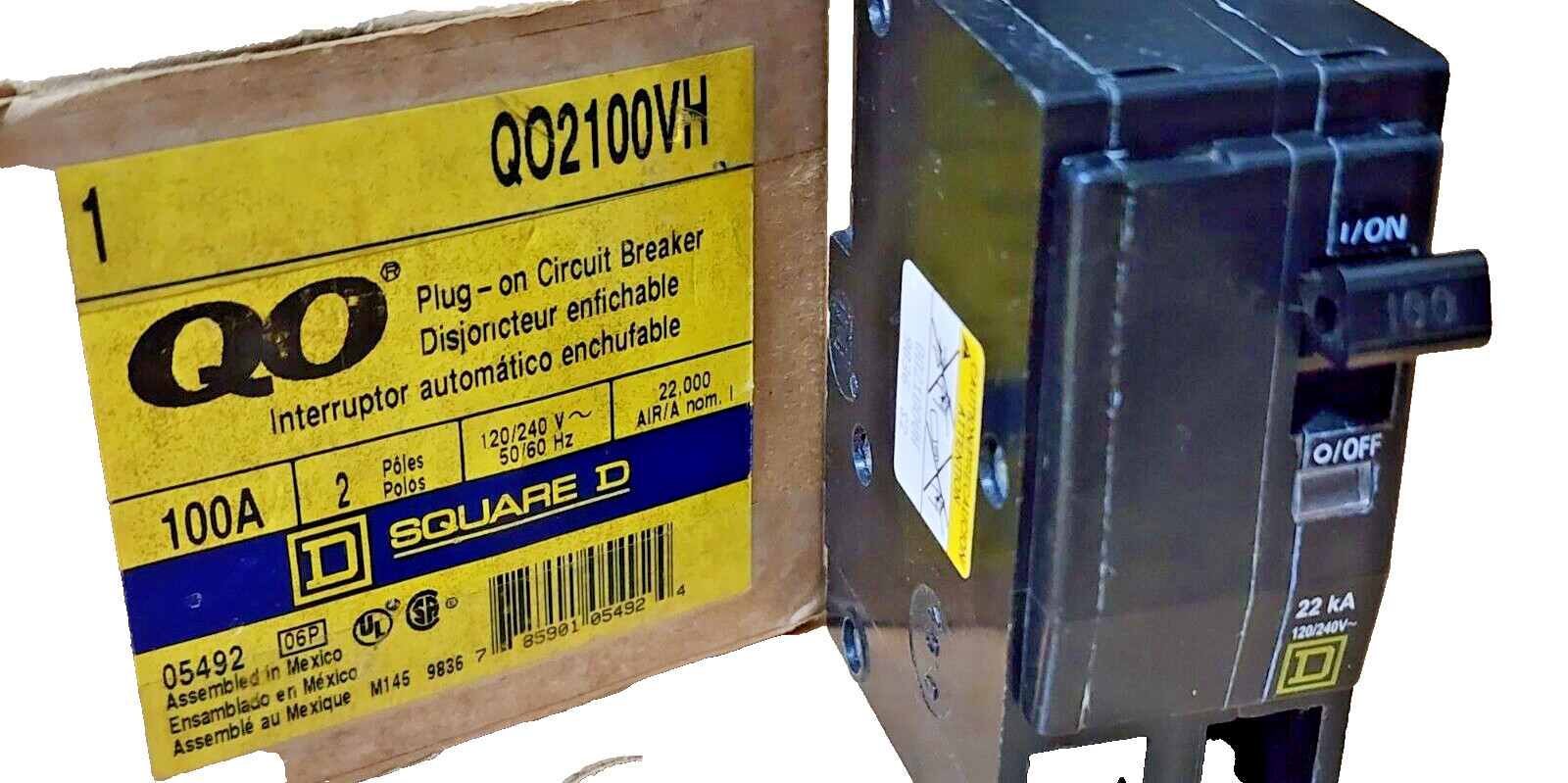 SQUARE D QO2100VH, 2 Pole 100 Amp CIRCUIT BREAKER 120/240VAC