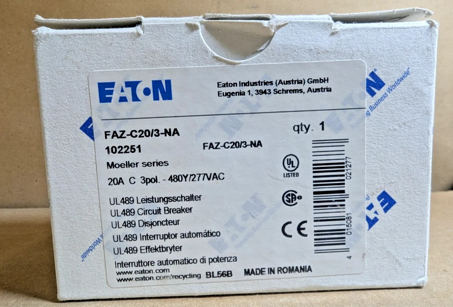 Eaton FAZ-C20/3-NA Circuit Breaker, 20A, 3-Pole, 102251 (New In Box)