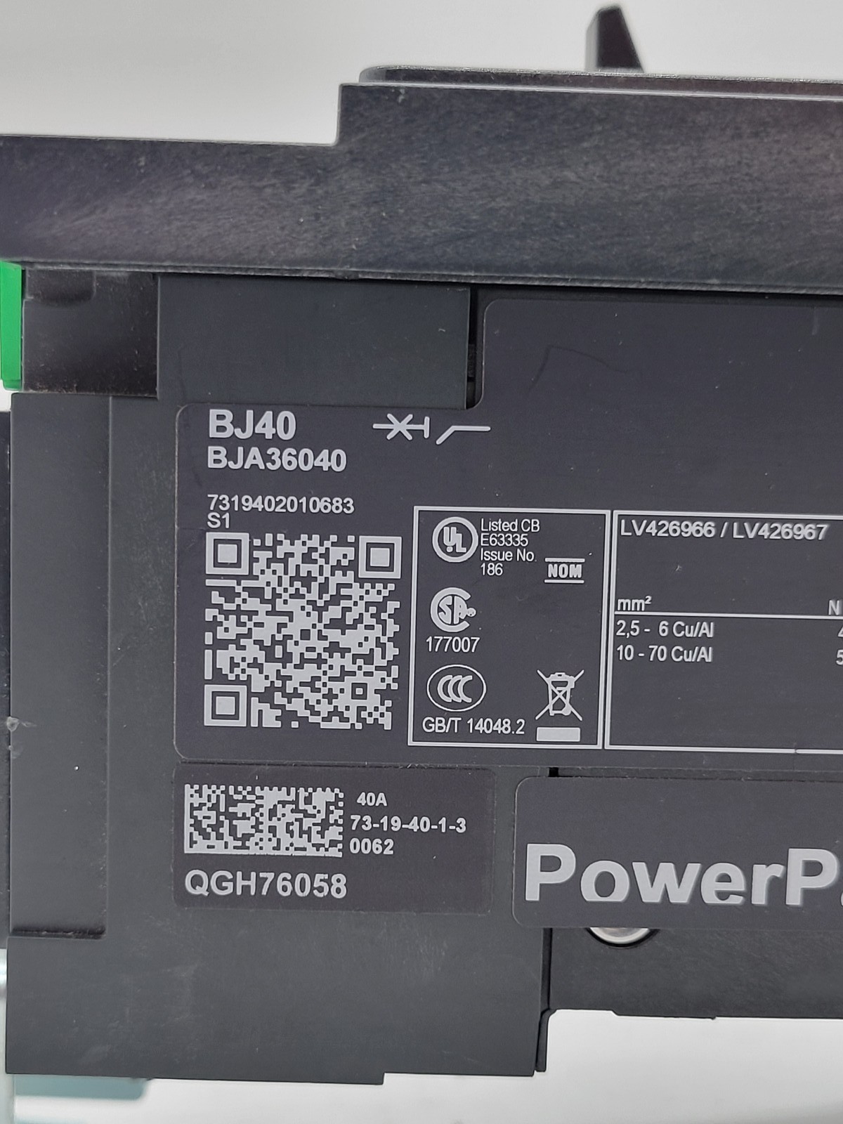 Square D BJA36040 PowerPact I-Line Circuit Breaker 40A 3P 600V BJ40 Green