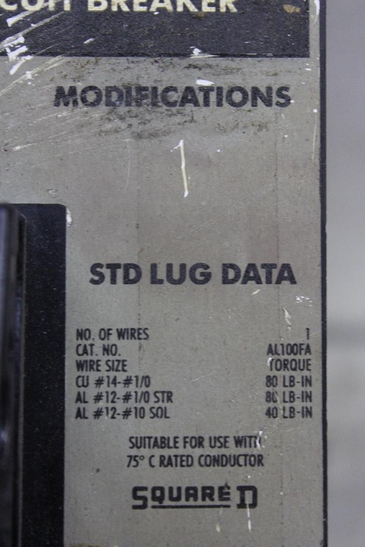 SQUARE D I-LINE CIRCUIT BREAKER FA36100 100 AMP 600 VOLT 3-POLE