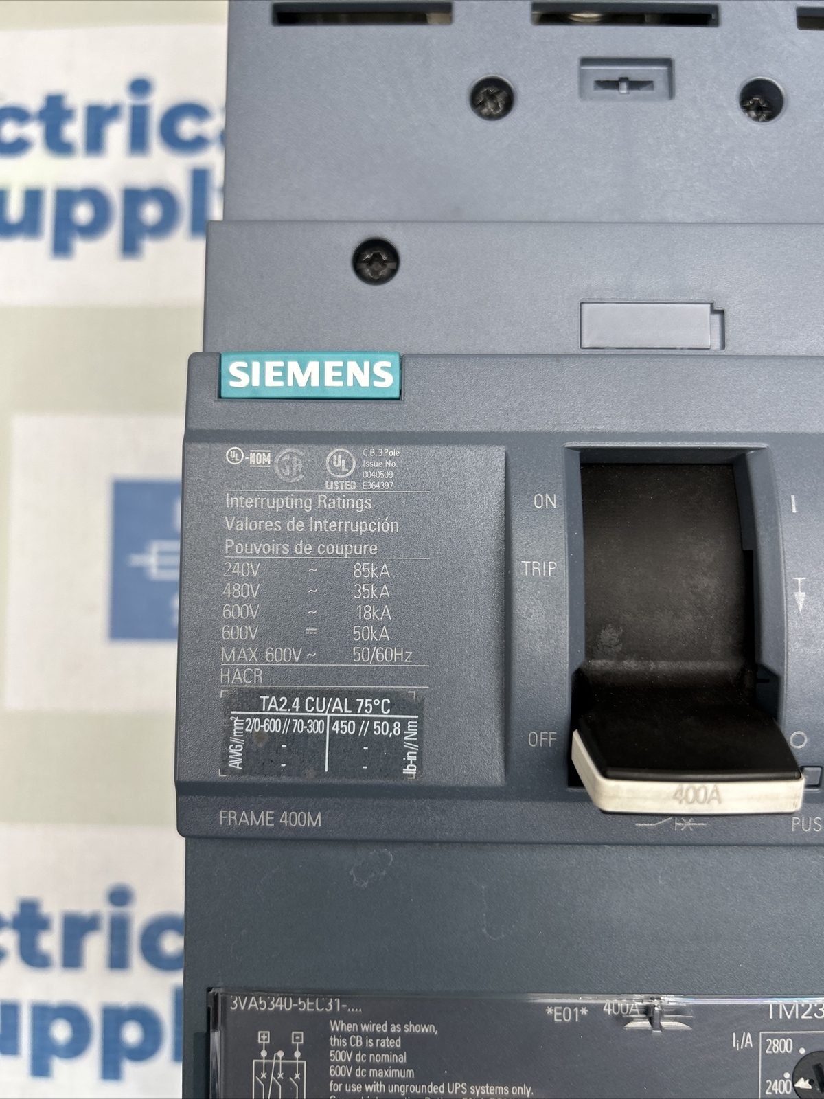 3VA5340-5EC31-0AA0 SIEMENS 3 POLE 400A 600 VOLT CIRCUIT BREAKER