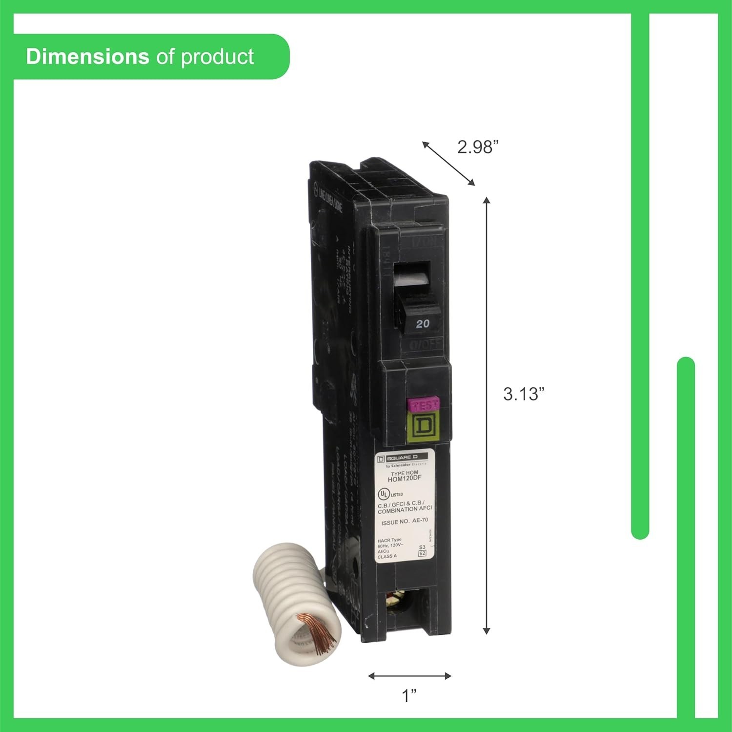 Square D by Homeline 20 Amp Mini Circuit Breaker, 1 Pole, 120V AC, 10kA Break…