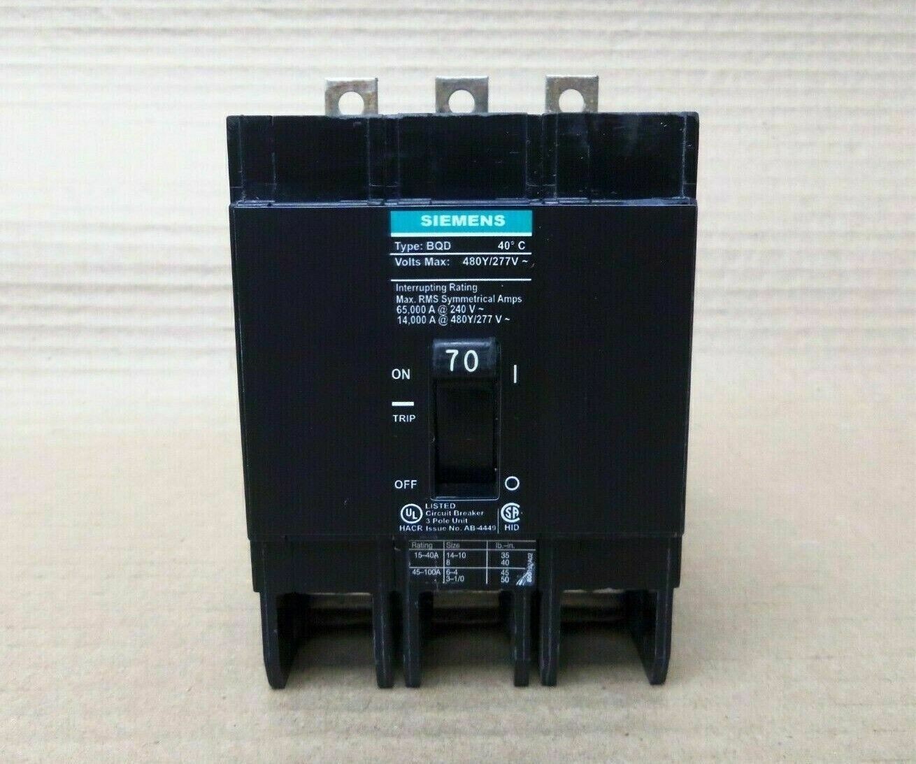NEW Siemens BQD BQD370 3 Pole 70 Amp 480v Black Bolt On Circuit Breaker NTO AK
