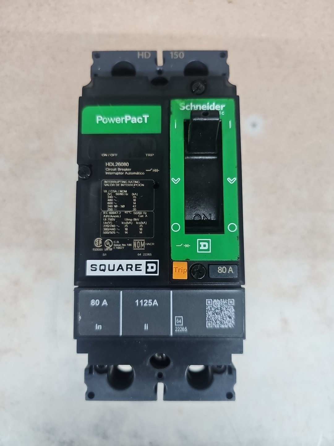 Square D HDL26080 Bolt-On 600V 80A 2 pole circuit breaker 18kA 480V