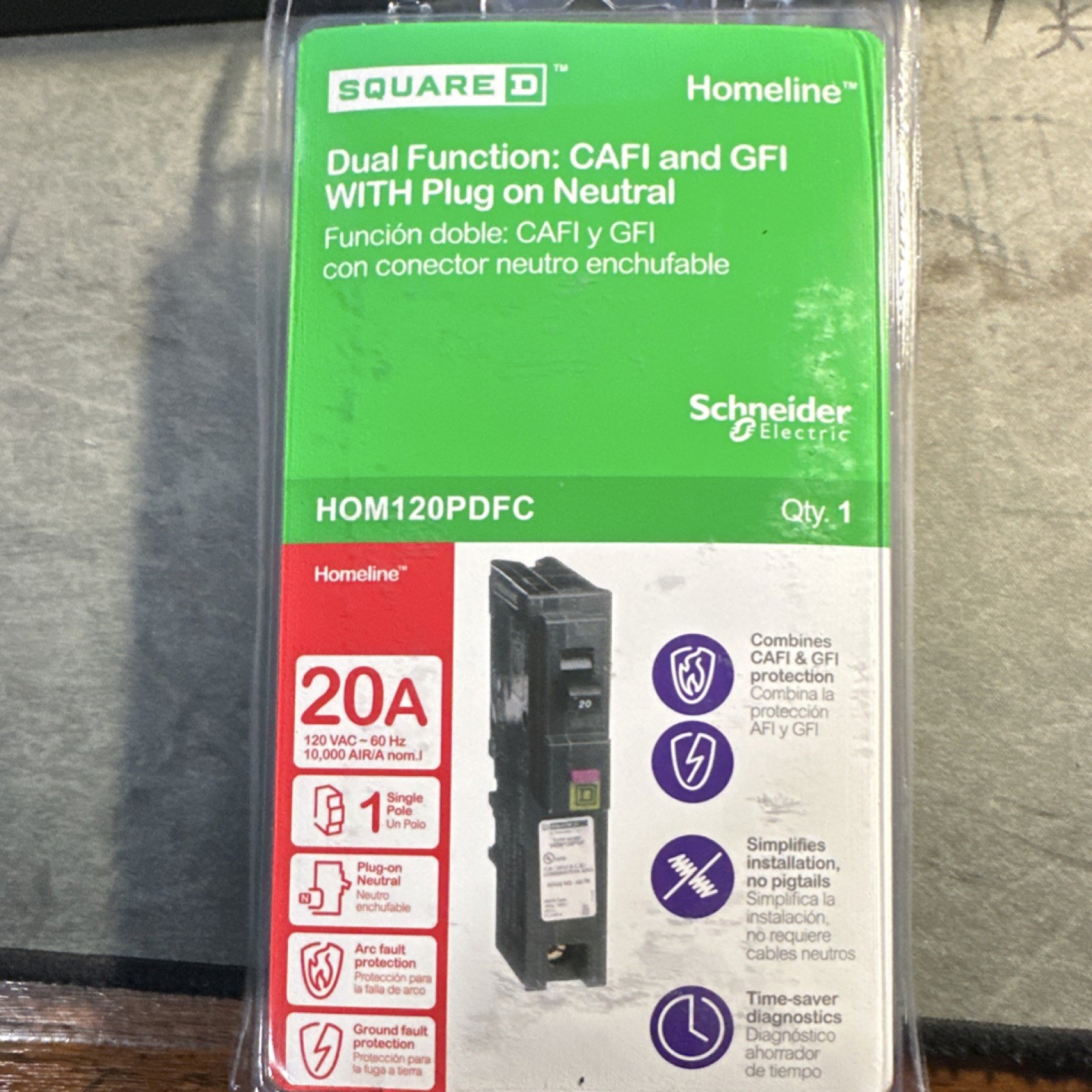 Square D Schneider Electric HOM120PDFC Plug-On Neutral CAFCI 20A Circuit Breaker