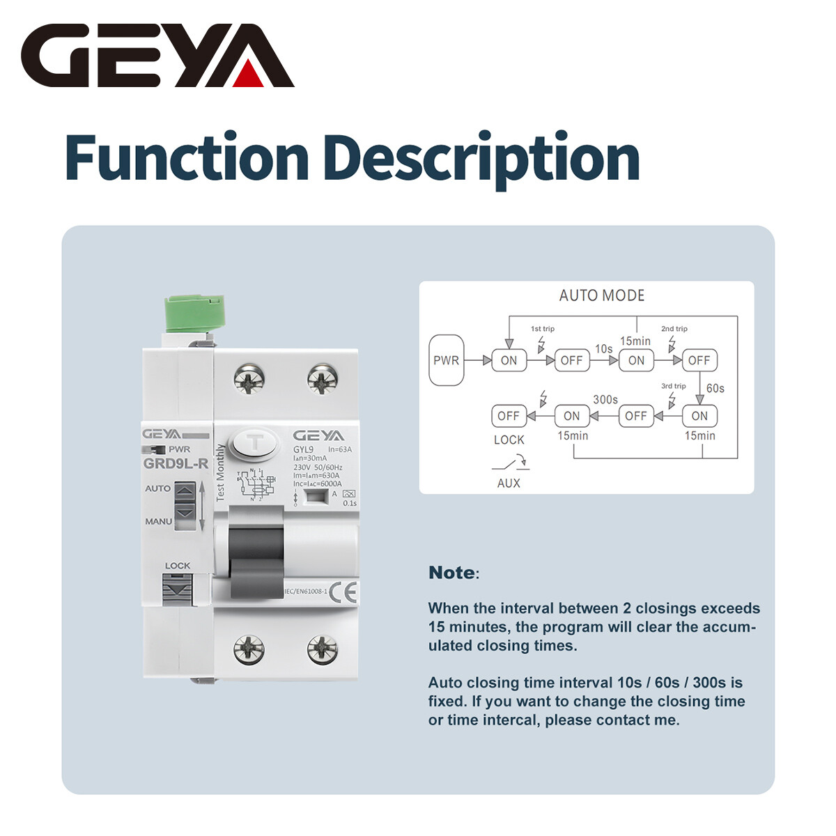 GEYA A Type ELCB RCCB Auto Recloser 2/4P AC230 DC12/24/48V Self-Reclosing Device