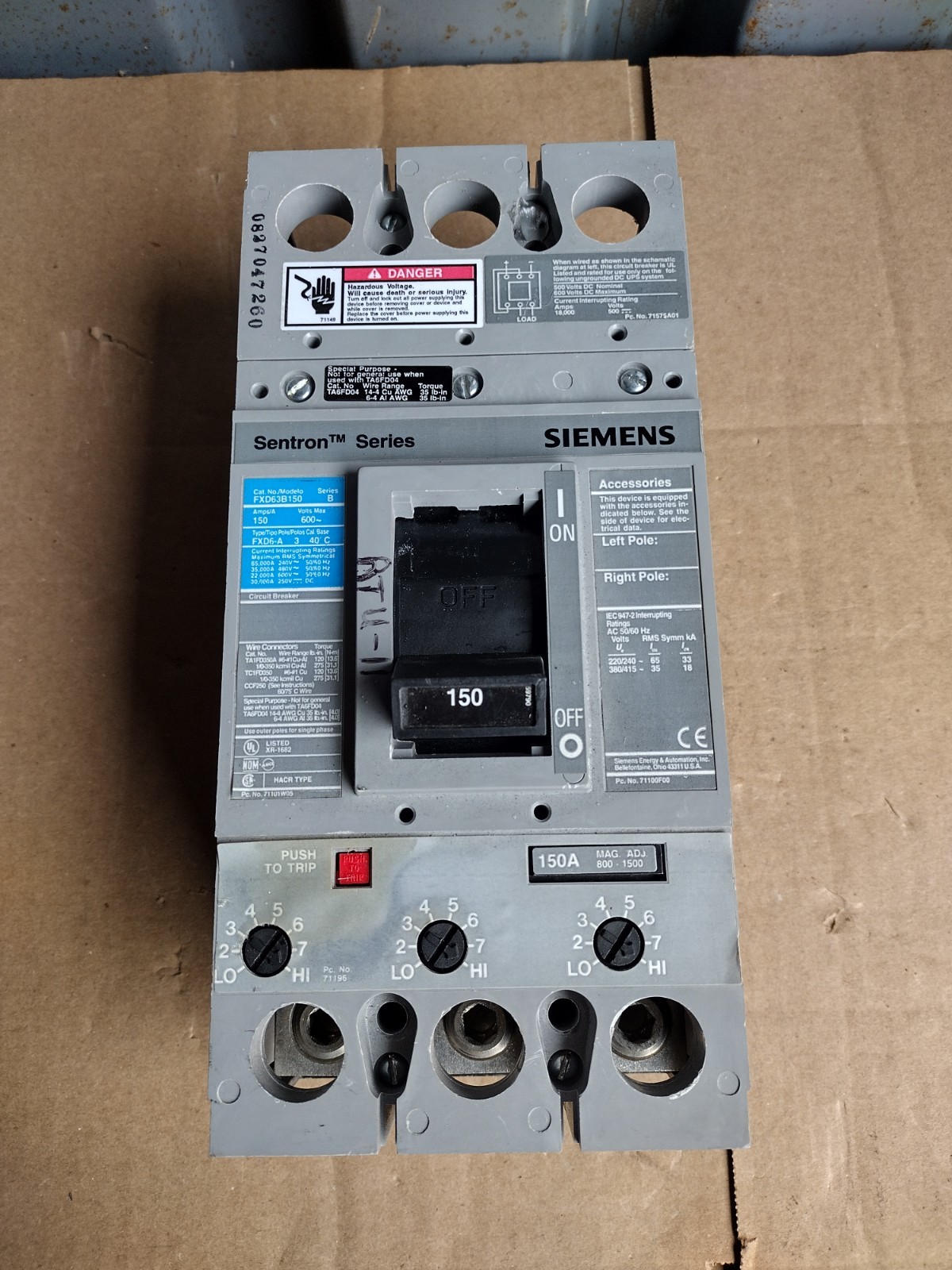 Siemens FXD63B150 Sentron Series 150A 600V 3P Circuit Breaker FXD6-A