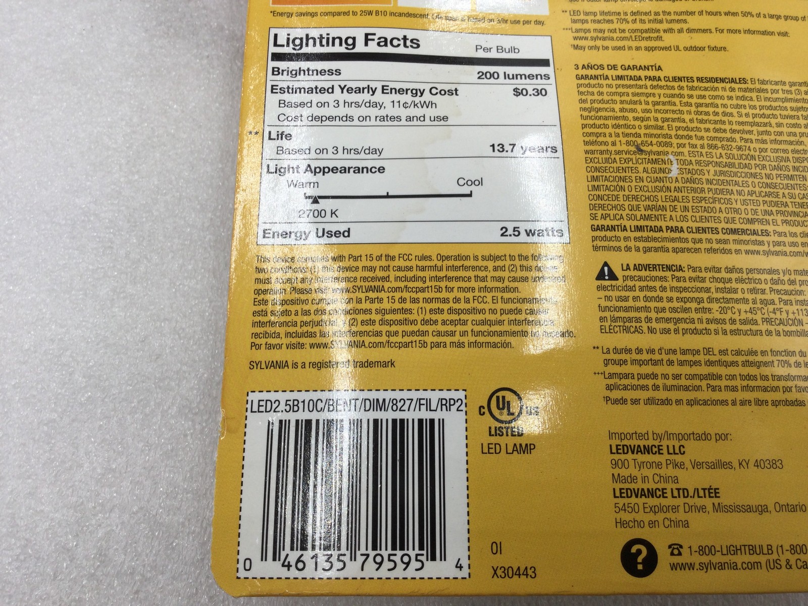 Sylvania X30443 LED2.5B10C/BENT/DIM/827/FIL/RP2 Dimmable LED Flame Tip