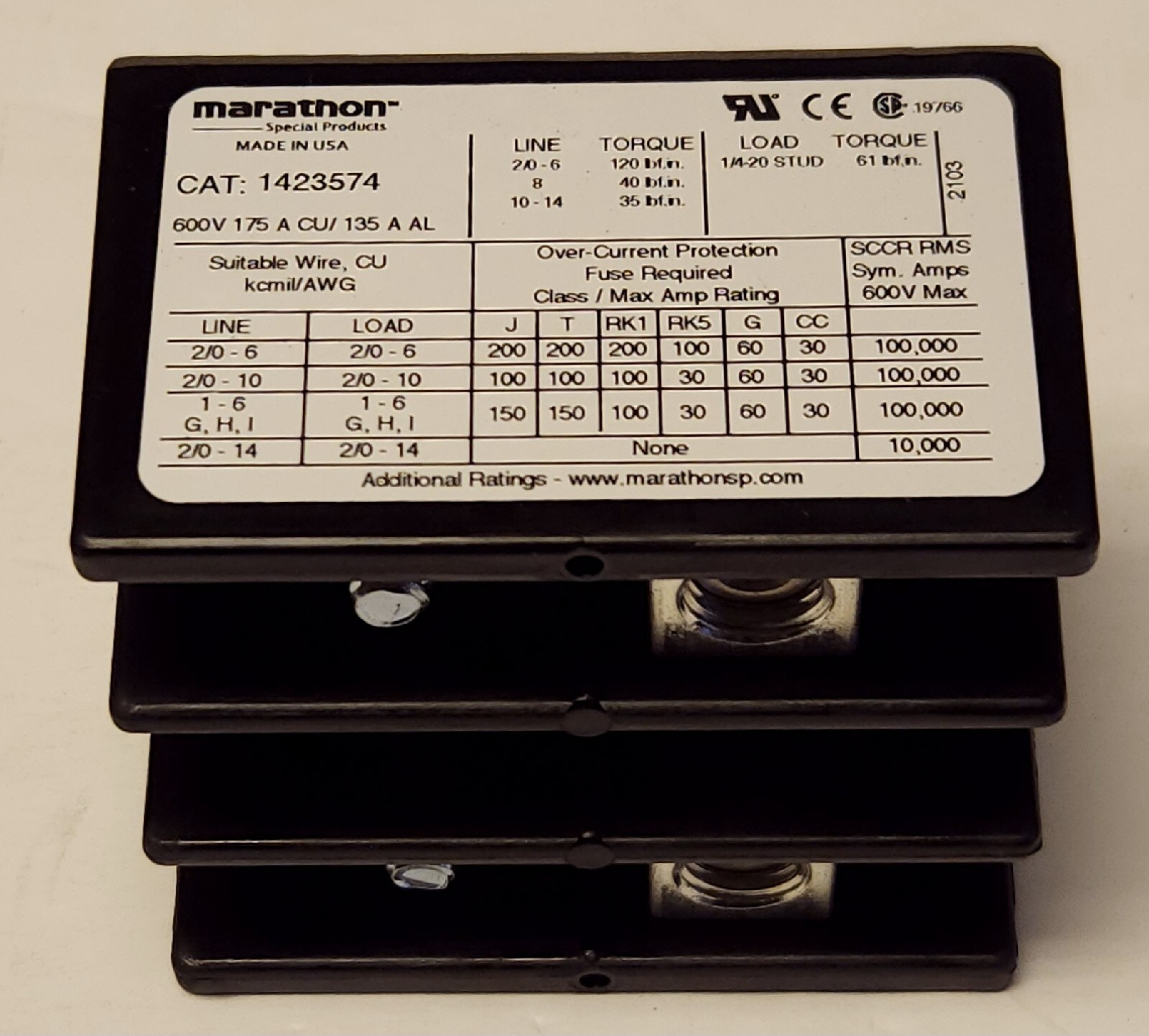 MARATHON 1423574 Power Distribution Terminal Block LINE 2/0-14 LOAD 1/4-20 STUD