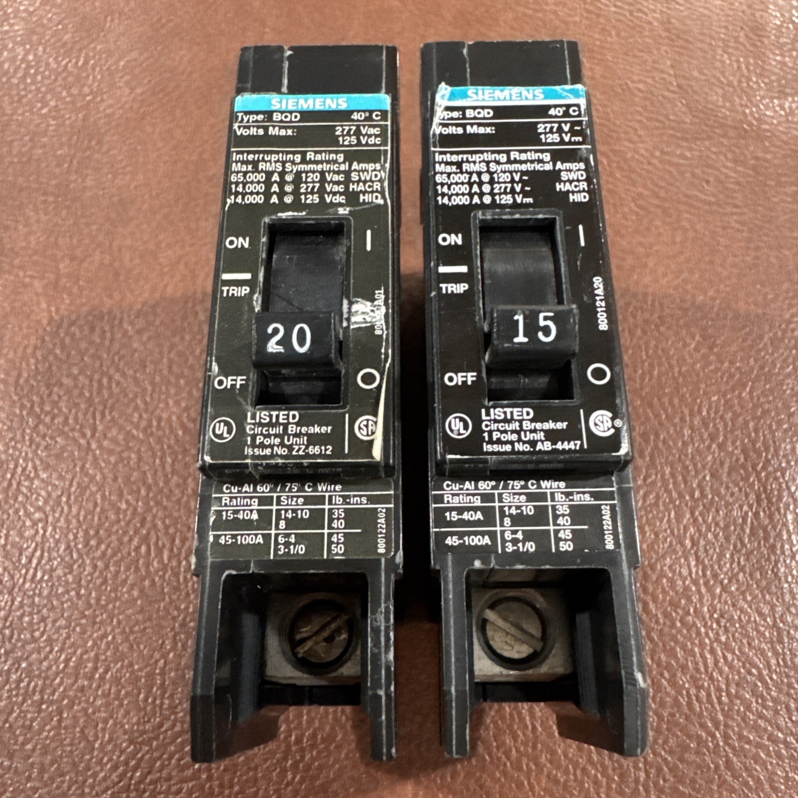 Lot of 2 Siemens BQD 1 Pole 1P 15A 20A BQD120 BQD115 Circuit Breaker 15 20 Amp