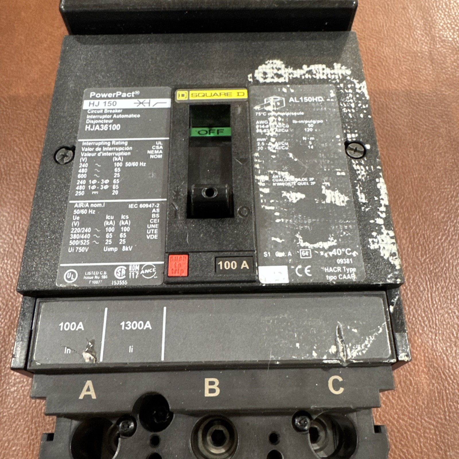 Square D HJA36100 100 Amp 3 Pole PowerPact HL 150 I Line Circuit Breaker 100A 3P