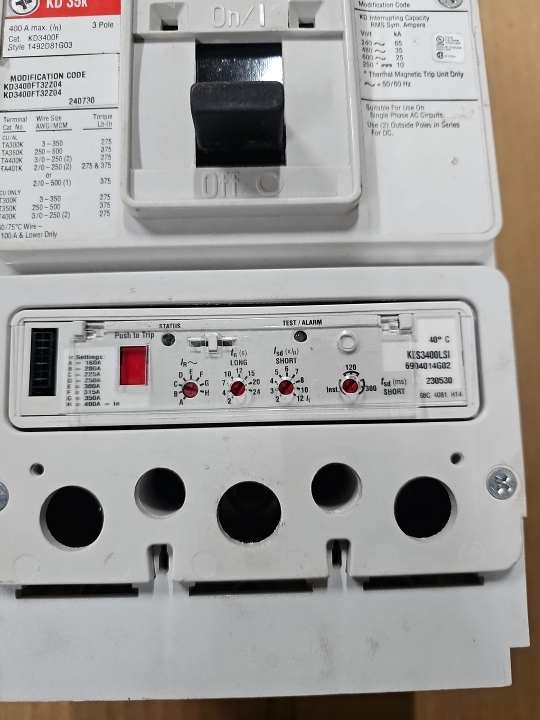 Eaton KD3400 Molded Case Circuit Breaker 400A 3Phases 600V LSI TRIP KES3400LSI