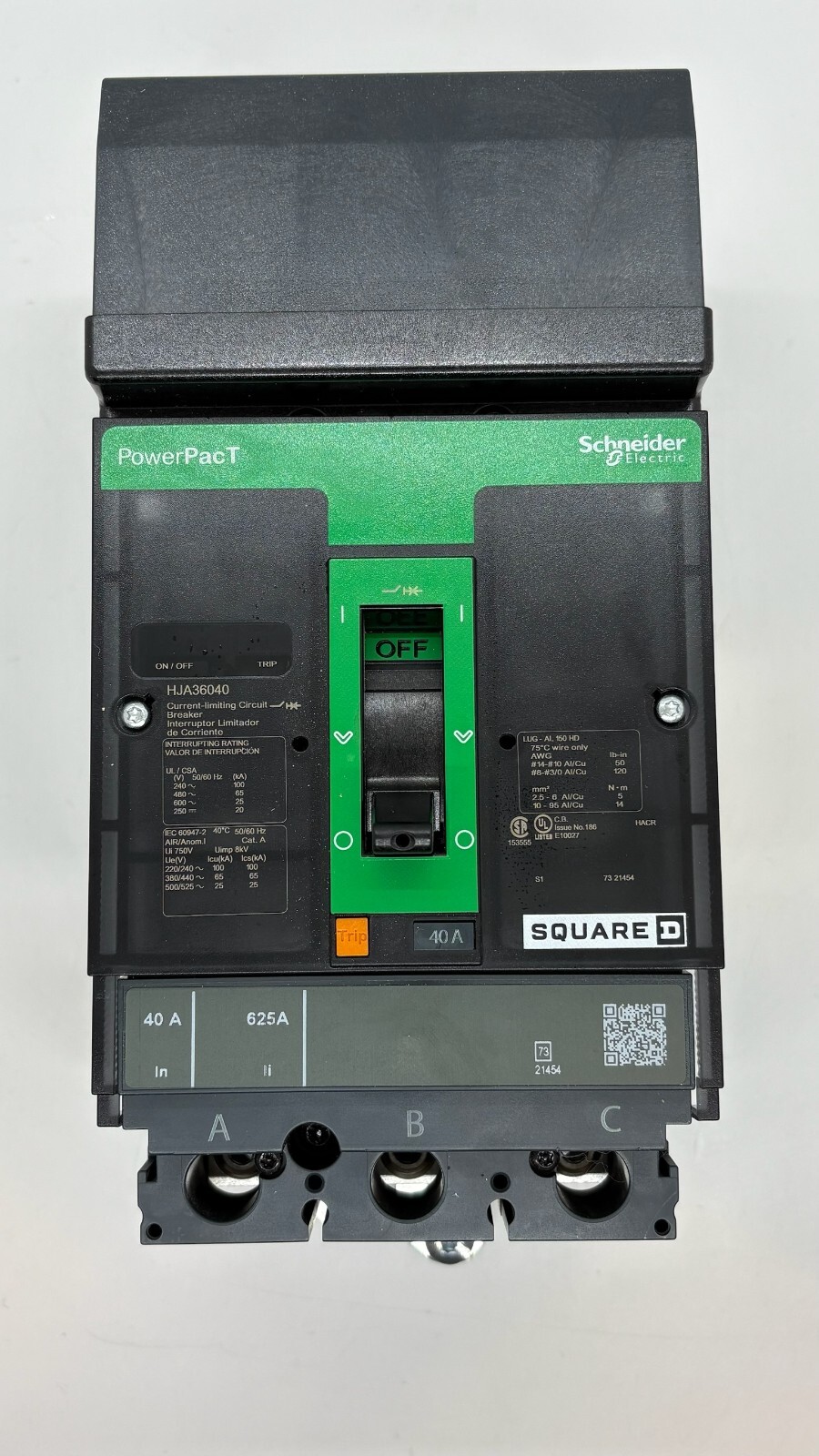 Square D HJA36040 PowerPacT HJ 060 Circuit Breaker 40A 3 pole 600VAC 25kA I-Line