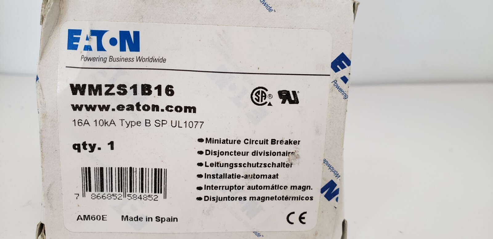 EATON WMZS1B16 CIRCUIT BREAKER, 1 POLE, 16A, 277VAC, 10kA, TYPE B, NIB