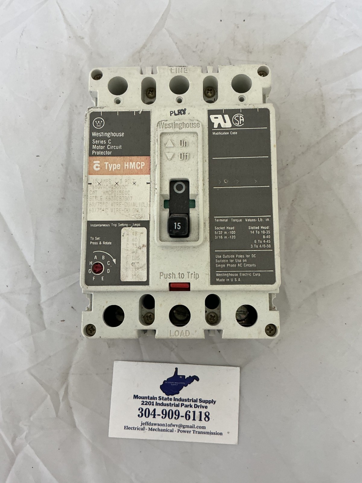 Westinghouse HMCP015EOC 15A 600VAC 250VDC 3-Pole Circuit Breaker FREE SHIPPING
