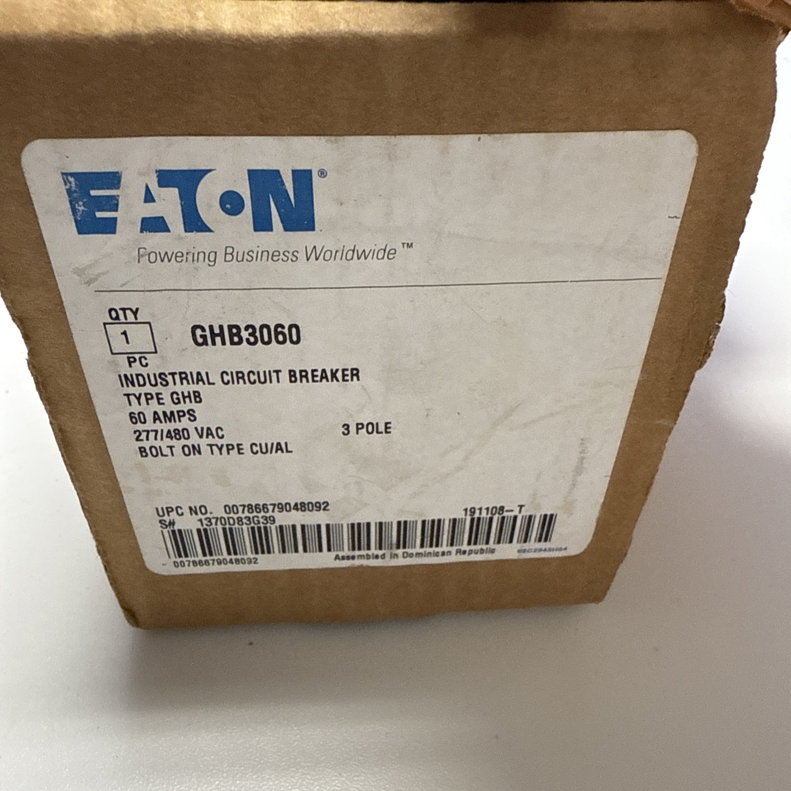 Eaton GHB3060 60 Amp 480V 3 Pole Bolt on Circuit Breaker