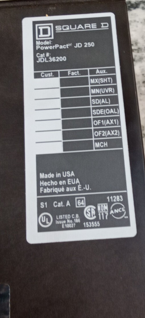 SQUARE D/JDL36200/MOLDED CASE/BREAKER/ W/ 20112050001-BTU INTERNATIONAL/NEW(38C2
