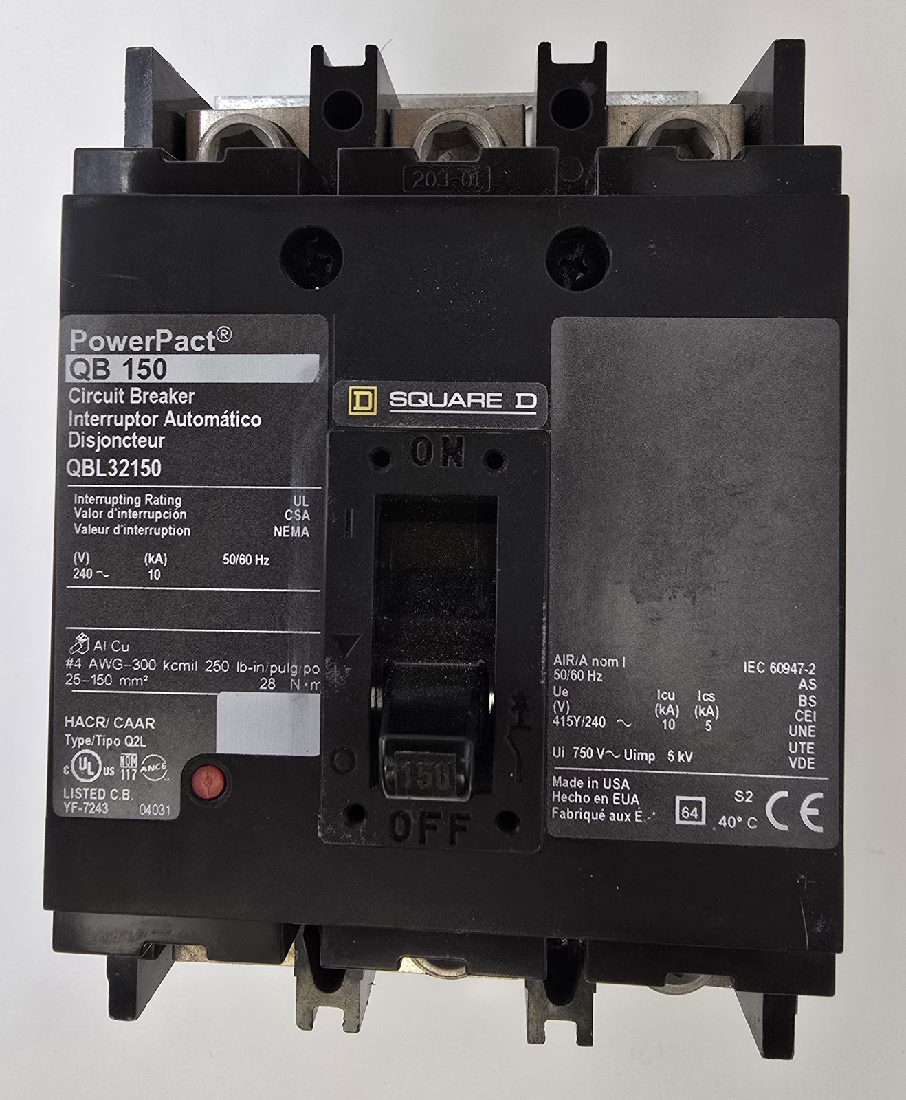 Square D QBL32150 Bolt-On Circuit Breaker 150A 3P 240V 10KA QB150