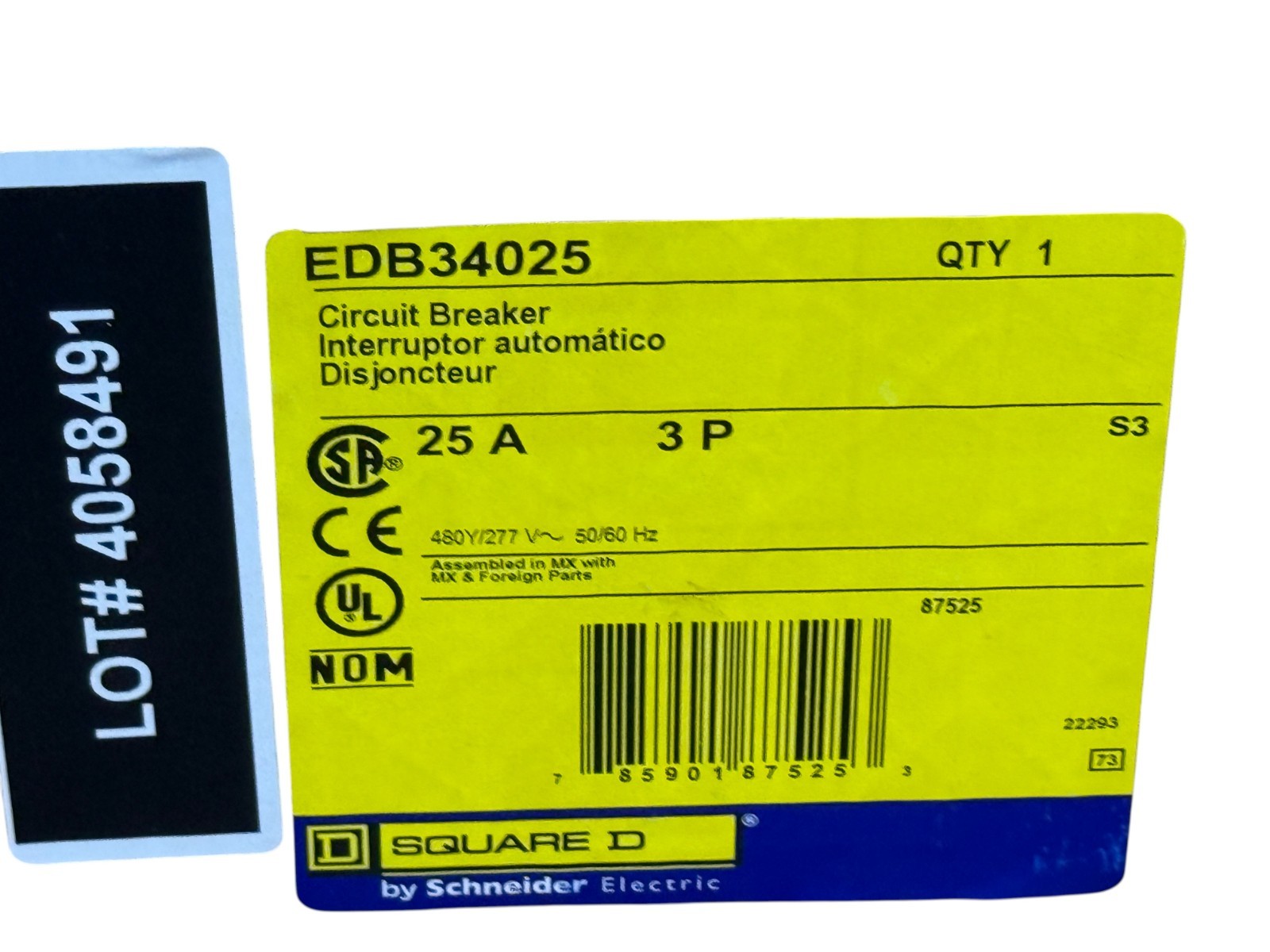 SQUARE D EDB34025 25A 3-PHASE 3-POLE 480Y/277V E-FRAME BOLT-ON CIRCUIT BREAKER