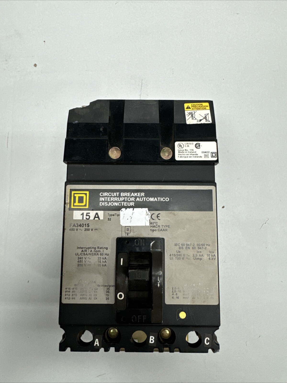 Square D FA34015, 15 Amp, 480 Volt, 3 Pole, I-Line Circuit Breaker