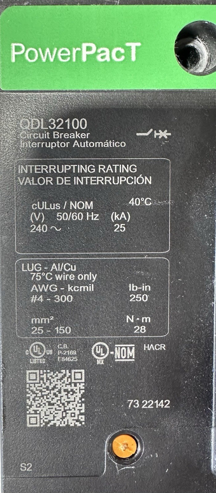 QDL32100 3 Pole 100 Amp SCHNEIDER ELECTRIC CIRCUIT BREAKER
