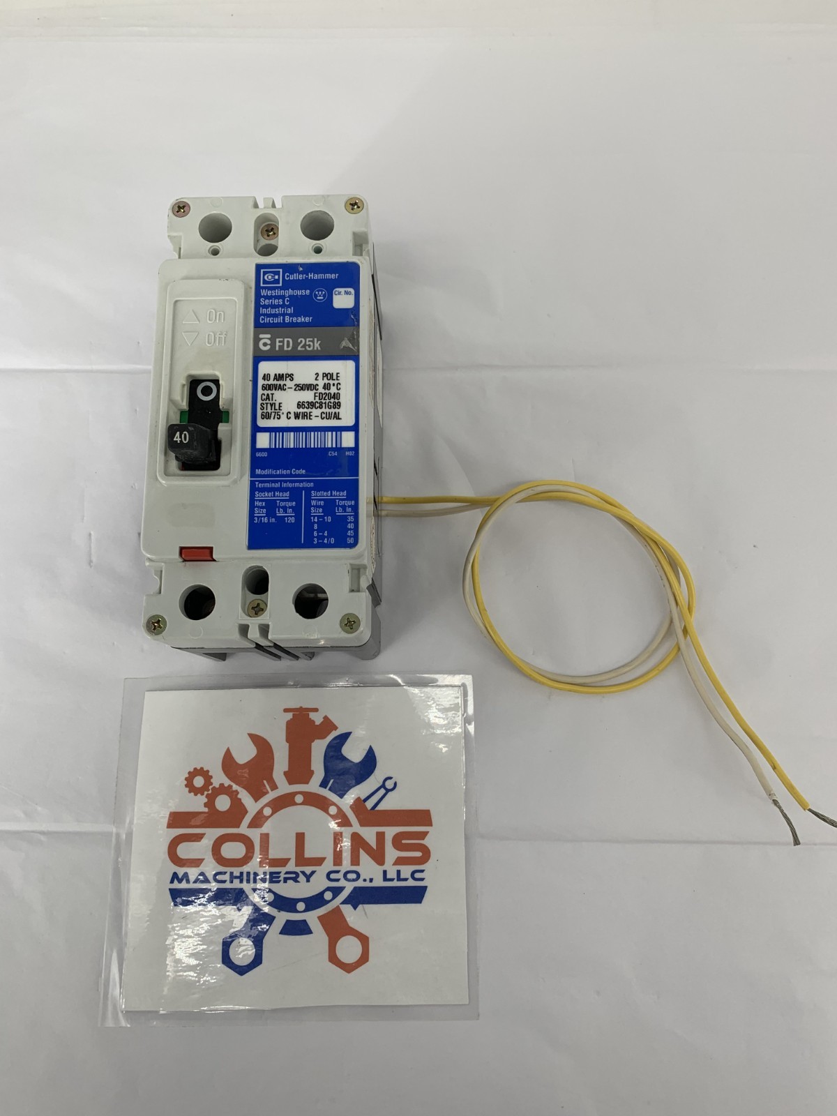 Eaton FD2040 40A 2P 600VAC Circuit Breaker w/Eaton SNT1RP08K Shunt Trip