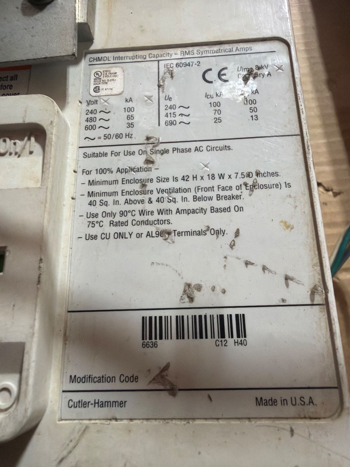 Cutler Hammer CHMDL3800F ,MCCB, 3P/ 800A/ 600V/ 65kA