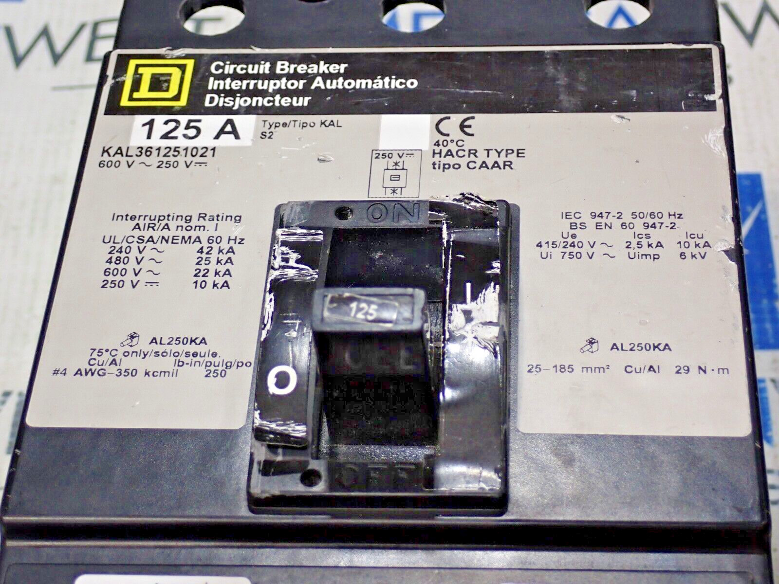 Square D KAL361251021 Circuit Breaker 125 Amp 3 Pole 600V Shunt Trip 120V Tested