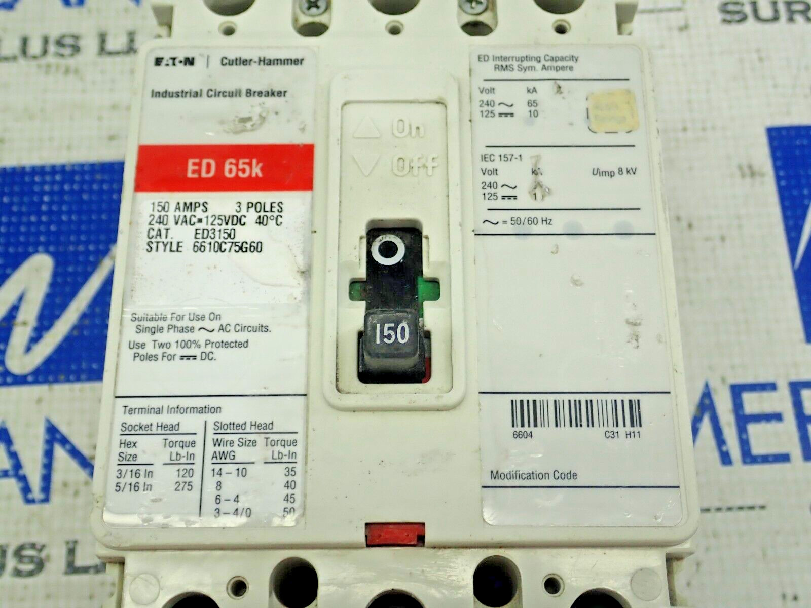 Eaton/CUTLER HAMMER ED3150 Circuit Breaker 3 POLE 150A 240V 65K *TESTED* chip
