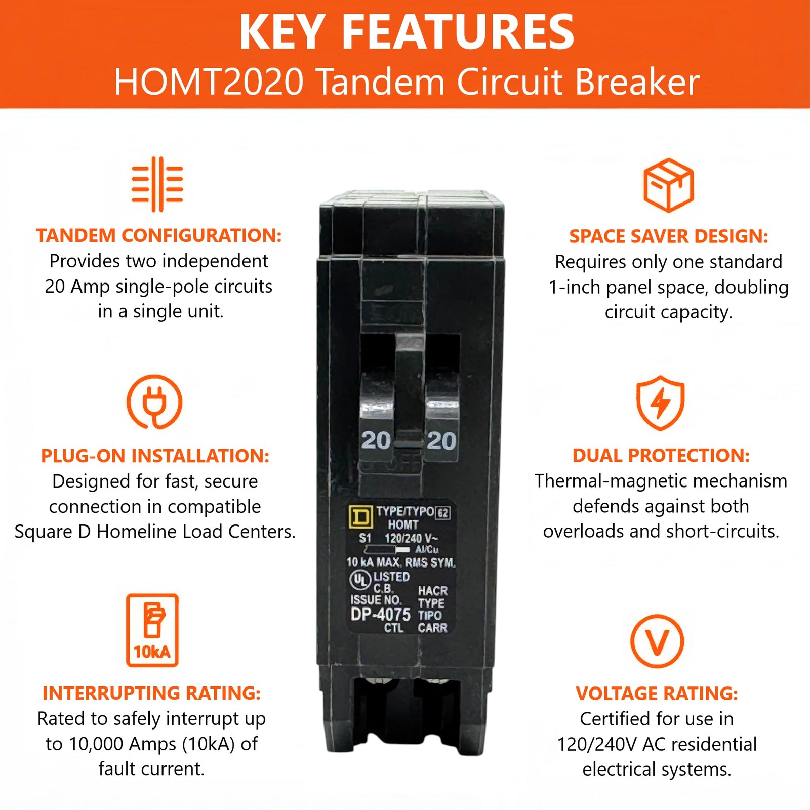 Genuine Square D HOMT2020 Tandem Circuit Breaker Kit (1 Pack), 20/20 Amp (20A…