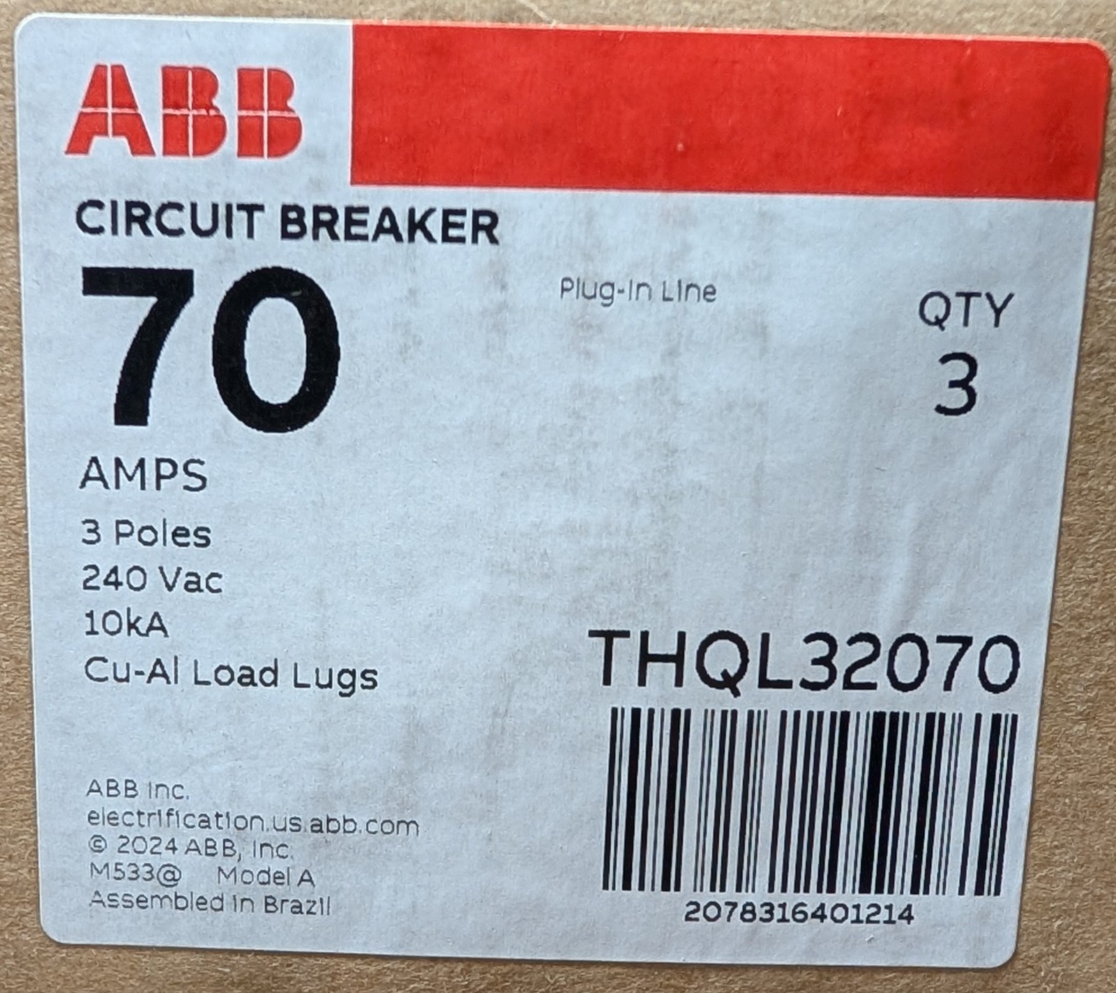 ABB THQL32070 70A 3-Pole 240V 10kAIC Q-Line Circuit Breaker Plug-In 3P